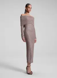 Evelyn Metallic Knit Off Shoulder Top(Mauve/Silver,XS)