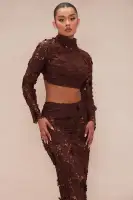 Dayna Floral Embroidered Skirt Set(Chocolate,XS)
