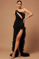 Esme Sequin Feather Maxi Dress